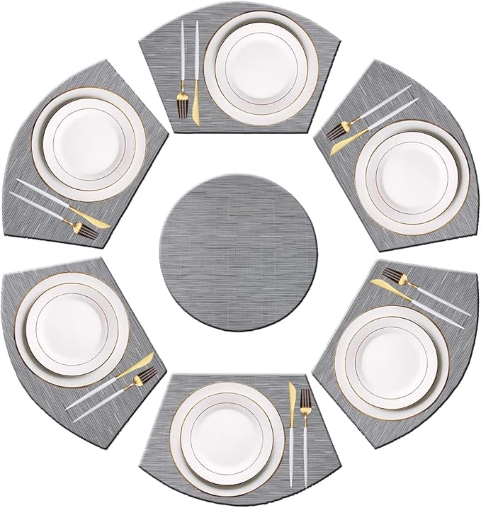 PIGCHCY Wedge Shaped Placemats Set of 6 with Centerpiece Round Mats Washable Kitchen Placemats Heat-Resistant Table Mats (Silver Grey)