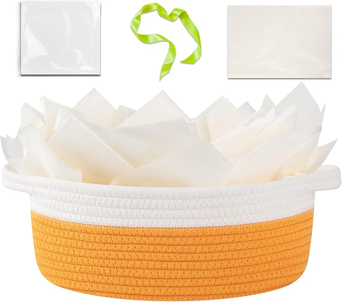 OIAHOMY Gift Basket Empty with Handle, 12"x 8"x 5" Small Woven Basket with Gift Bag, Ribbon and Wrap Tissue Paper, Dog Toy Storage for Organizing - Orange & White