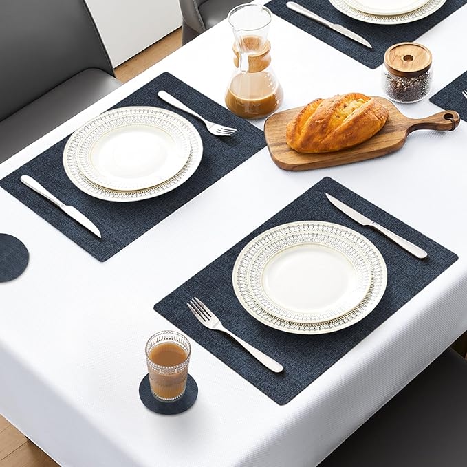 MOSAYT Faux Leather Placemats Set of 12, Heat Resistant Vinyl Place Mats with Coasters, Wipeable Washable 100% Waterproof Oil Proof Table Mats for Kitchen Dining Indoor Outdoor, 12" x 17", Navy Blue