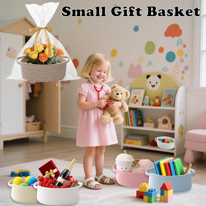 Gift Basket with Gift Bag and Ribbons,Small Rope Woven Shelf Storage,Baskets for Gifts Empty,Birthday,Baby Shower,Decorative Organizer Box with Handles(Mixed Brown)