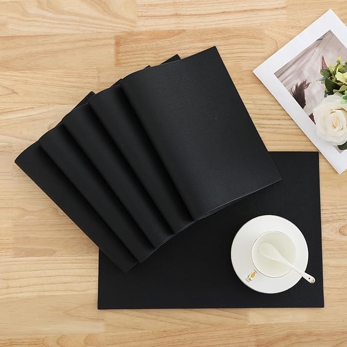 Homaxy Faux Leather Heat Resistant Placemats for Dining Table Set of 4, Waterproof Wipeable Washable PU Table Mats, Easy to Clean Anti-Slip Place Mats, 11.8" x 17", Black