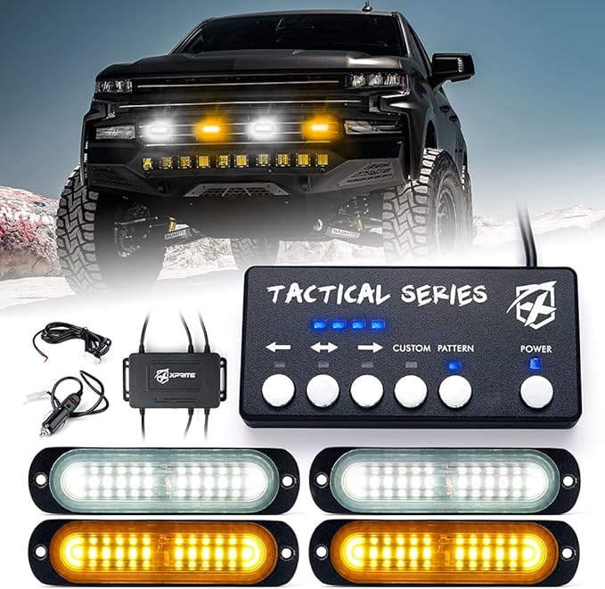 Xprite Amber/White LED Surface Mount Strobe Lights Kit, Grill Grille Side Marker Light Flashing Emergency Warning Light Assemblies w/Control Box for Trucks Vehicles ATV RV Cars Van - 4PCS