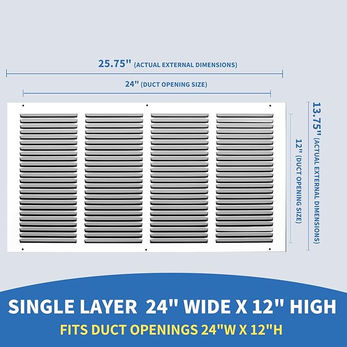 24x12 Return Air Grille (Duct Opening Size), Air Return Vent Cover, AC Vent Cover, Cold Air Return Vent Cover, Flat Return Air Grilles, Outer Dimensions:25.75"W x 13.75"H (24"W x 12"H, Duct Opening)