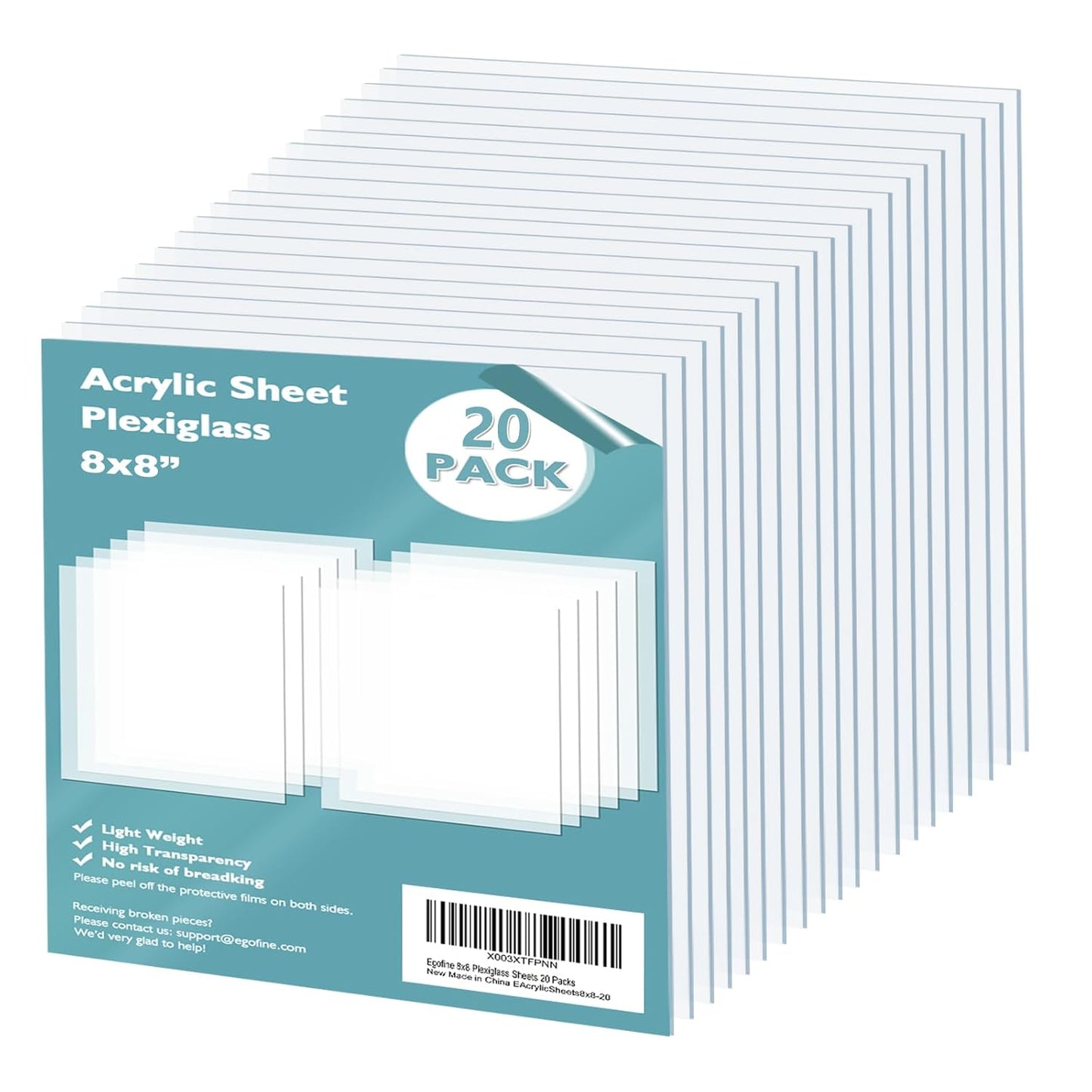 Egofine Plexiglass Sheets Acrylic Sheets 20 Pack of 8x8’’ 0.04 Thick Clear Plastic Cast Transparent Plexi Glass for Crafting Projects, Replacement Picture Frame Glass, DIY Display, Easy to Cut
