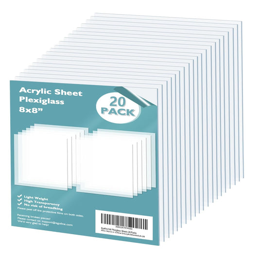 Egofine Plexiglass Sheets Acrylic Sheets 20 Pack of 8x8’’ 0.04 Thick Clear Plastic Cast Transparent Plexi Glass for Crafting Projects, Replacement Picture Frame Glass, DIY Display, Easy to Cut