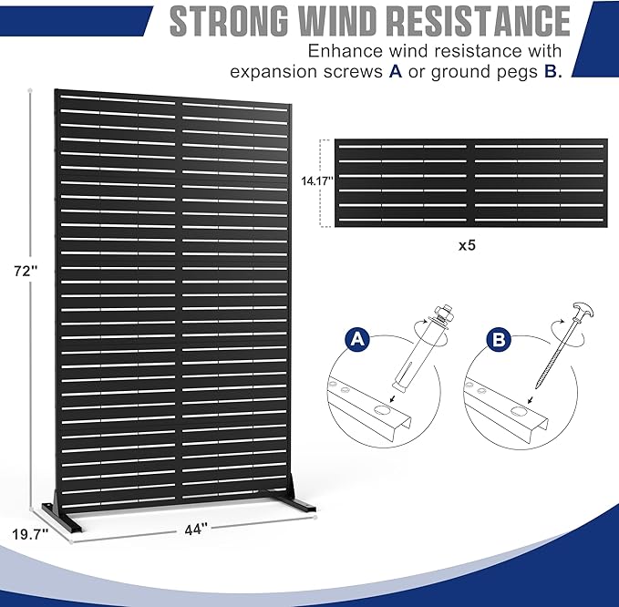FENCY Metal Privacy Screen with Stand 72" H×44" W Outdoor Freestanding Privacy Panels, Outdoor Privacy Screen for Deck Patio Balcony(Black-Louvered)