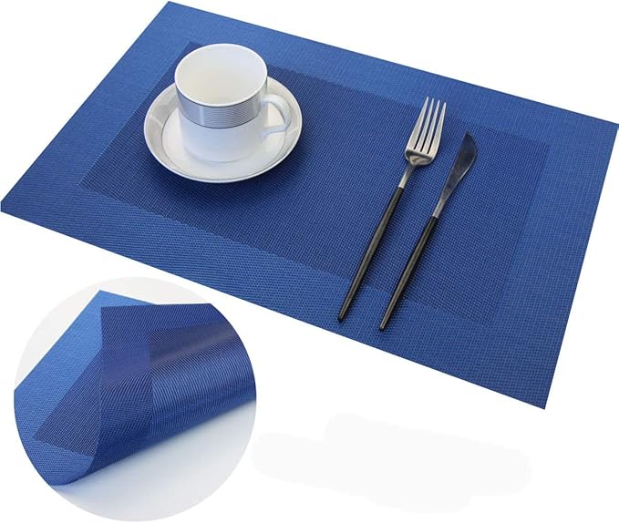 Vinyl Placemats Heat-Resistant Table Mats Washable Easy Clean Plastic Placemats for Dining Table Set of 4(Blue)