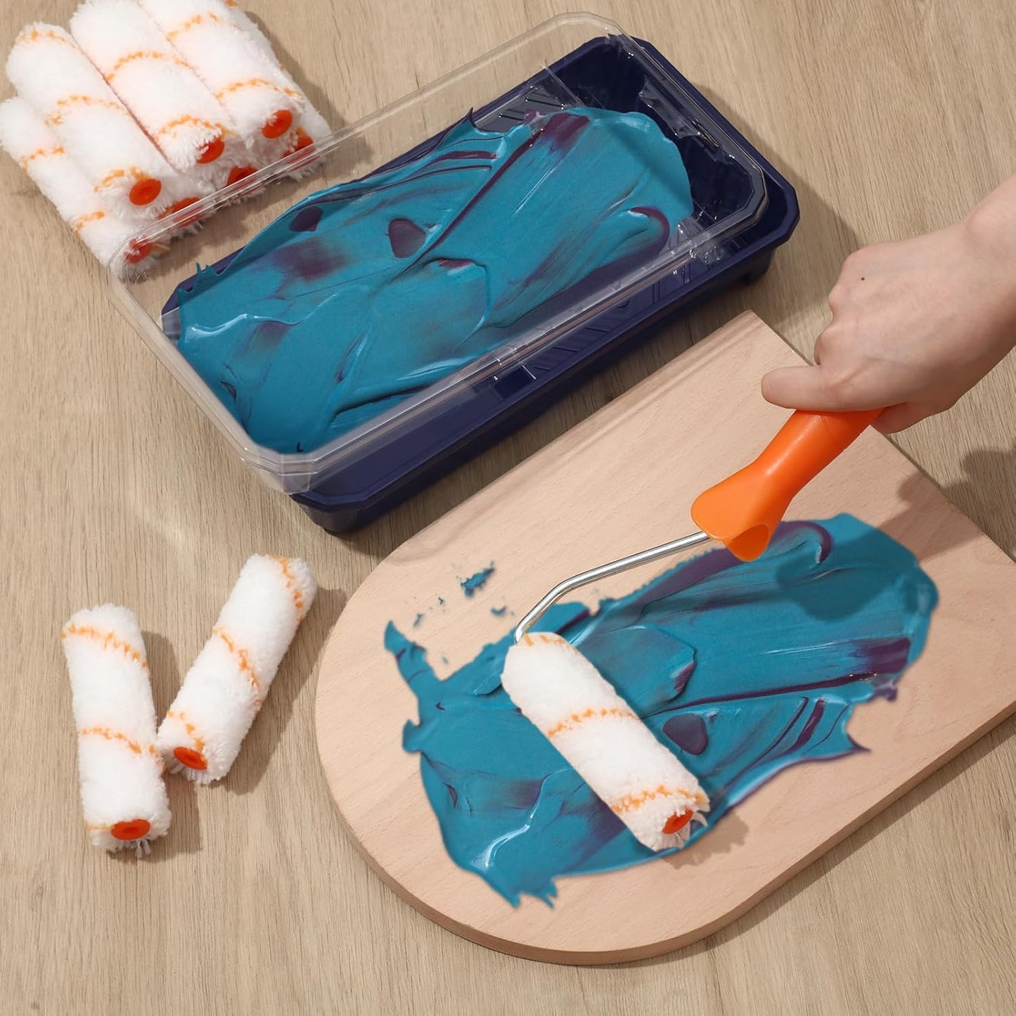 Qilery 32 Pcs Paint Roller Tray Kit 4 Inch Small Paint Roller Includes 20 Pcs Disposable Liners and Tray, 10 Piece Covers Replacement, Frame with Handle for Home Wall Furniture Craft Work Supplies