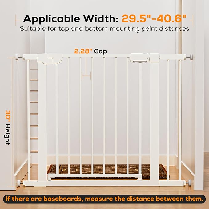 29.5-40.6" Baby Gate for Stairs, Pressure Mounted Dog Gate Indoor, Auto Close Pet Gate for Doorways No Drilling, Easy Install Baby Essentials with Large Walk Thru Door, White