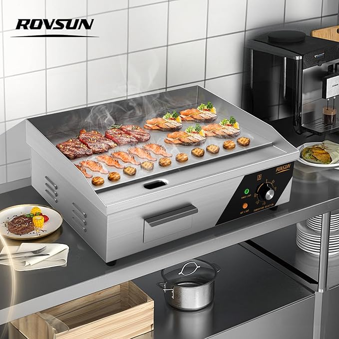ROVSUN 22" Electric Countertop Flat Top Griddle, 1600W Electric Griddle, Teppanyaki Grill Stainless Steel with Adjustable Temperature Control 122°F-572°F for Home Restaurant Commercial