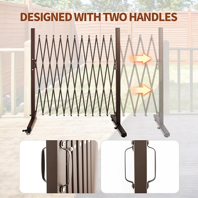 TECSPACE Aluminum Expandable Garden Fence, Portable Barricade Gate with Casters, Adjustable Retractable Fence Mobile Barricade Safety Barrier (Brown, 130×15×41 inch)