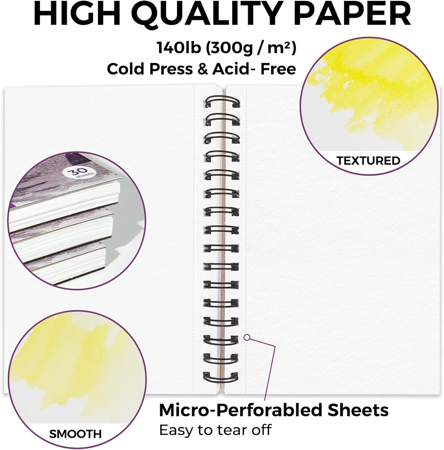 Funto Watercolor Pad 5.5x8.5, 3 Pack, 90 Sheets,140lb/300gsm, Double-Sided, Cold Press, Spiral Bound, Heavyweight Paper for Watercolor Painting