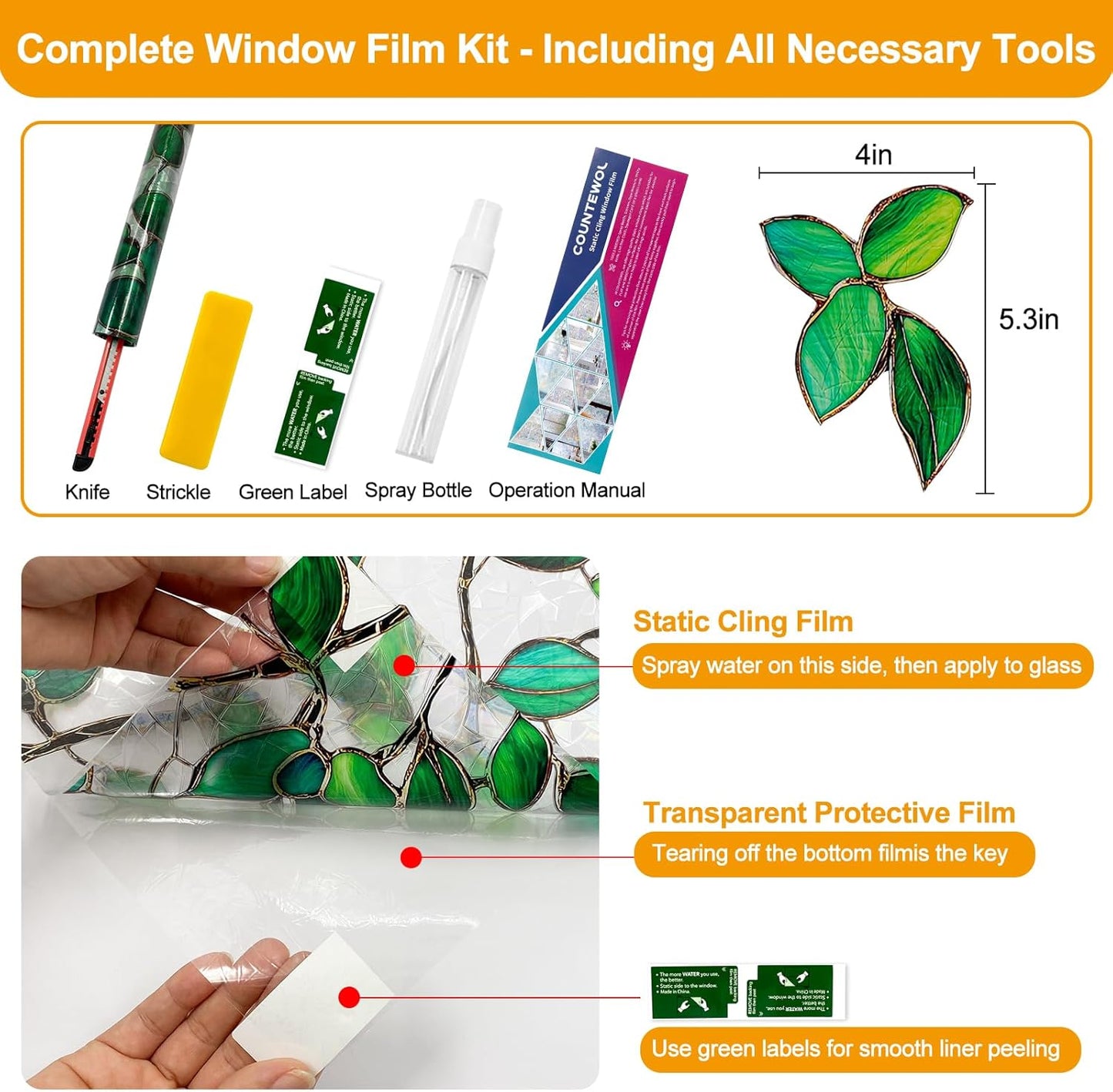 Window Privacy Film Stain Glass Window Film Rainbow Window Film Window clings Non-Adhesive Reusable Decorative for Room (Greenery Leaf, 17.5 x 157.4 in)