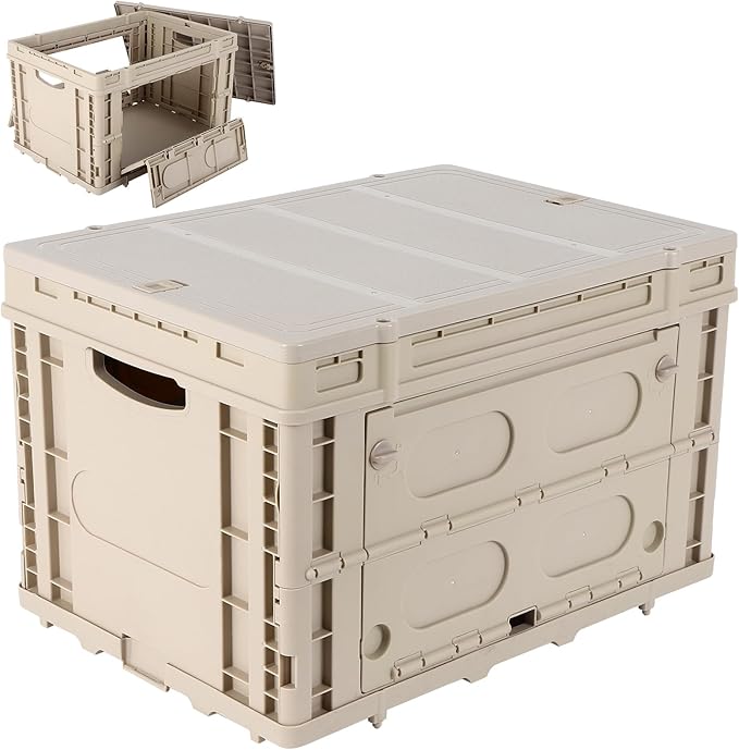 FAHKNS Collapsible Storage Bins with Lids,Stackable Utility Crates with Handles,Foldable Camping Box with 2 Side Doors,Folding Containers for Camping,Picnic,Tools,Indoor/Outdoor.