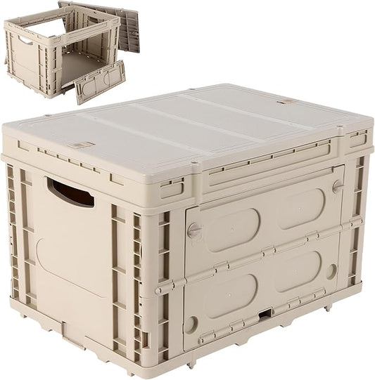 FAHKNS Collapsible Storage Bins with Lids,Stackable Utility Crates with Handles,Foldable Camping Box with 2 Side Doors,Folding Containers for Camping,Picnic,Tools,Indoor/Outdoor.