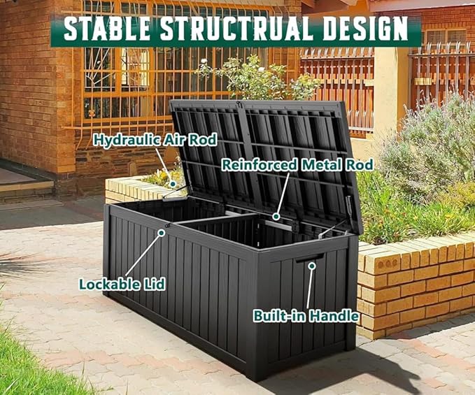 NUNU LAB 120 Gallon Outdoor Storage Box,Resin Large Sturdy Deck Box, Backyard Outside Storage Box Waterproof with Double Wall Panels,Package Delivery Box,Garden Box,Tool Box,Outdoor Hose Storage Bin
