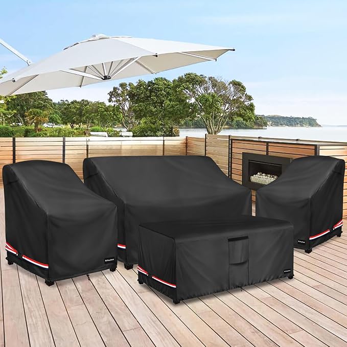 Rileytee Patio Furniture Set Covers, 4 Pcs 600D Heavy Duty 100% Waterproof Outdoor Furniture Cover, Fit Patio Loveseat, Chair and Coffee Table. Black