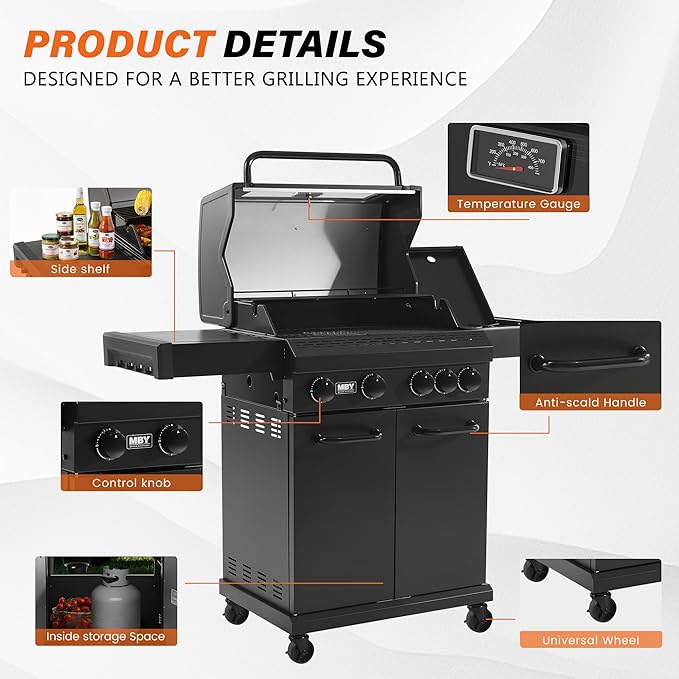 4+1 Burner Propane Gas Grill,47,000 BTU Outdoor BBQ with Enameled Cast Iron Grates and Side Tables, Portable for Backyard, Patio,Camping,3-in-1 BBQ Grill and Griddle Combo,555 Sq.in Cook Area