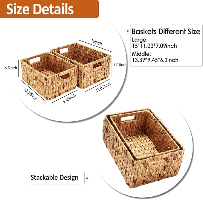 Wicker Baskets 2 Pack, Water Hyacinth Wicker Storage Basket with Handles, Large Rectangular Wickers Baskets for Organizing, Natural