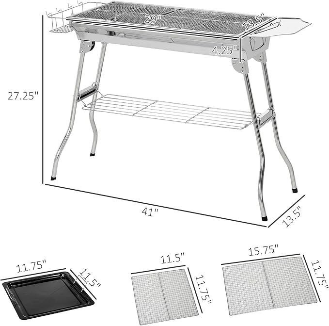 Folding Charcoal BBQ Grill with Storage Shelves, Portable Stainless Steel Charcoal Grill with Griddle Pan & Cooking Grate, Camping Picnic Hibachi Grill for Outdoor Cooking