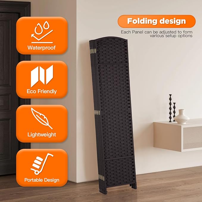 Room Divider 8 Panel Screen 5.6 Ft Tall Partition Room Dividers Brown Privacy Screens Folding Room Separation Free Standing Waterproof Wood Frame Wall Divider