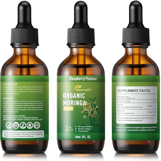 Moringa Leaf Drops with Vitamin C, Moringa Oleifera Extract Liquid Drops for Immunity Support,Antioxidant,Overall Health & Energy,Vegan Herbal Supplement 4 fl oz