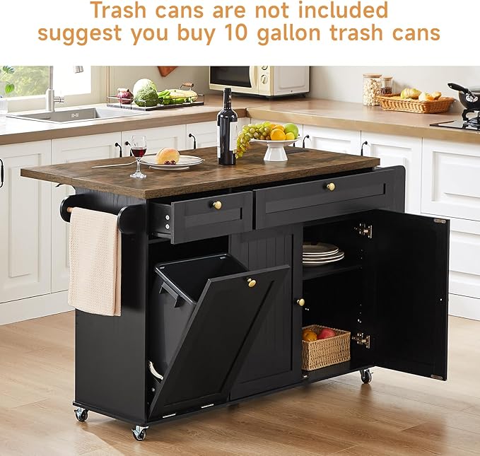 60" Kitchen Island with Power Outlet & Drop Leaf, Kitchen Rolling Island with Spice Rack & Towel Rack, Knife Holder, Kitchen Island Cart with Trash Storage Cabinet, Mobile Island Table for Kitchen