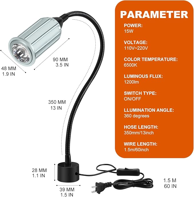 15W Magnetic Work Light, LED Machine Light with Flexible Gooseneck and Magnetic Base, Shop Tool Lamp for Lathe, Work Bench, Sewing Machine, Grill, Industrial Lighting