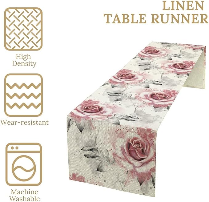 Pink Rose Floral Table Runner,Abstract Watercolor Flower Pattern Modern Romantic Kitchen Dining Table Decoration for Wedding Holiday Home Party 13x90in