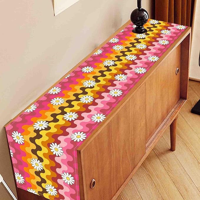 70s Table Runner, Retro Groovy Hippie Daisy Floral Pink Yellow Wave Funky Trippy Coffee Table Center Decor for Home Kitchen Dining Patio Holiday Party Indoor Outdoor Table Decorations, 13"x36" Inch