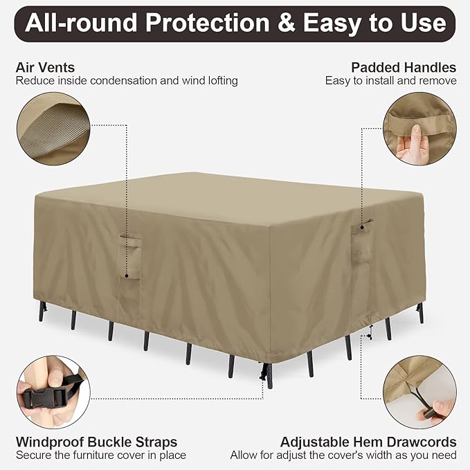 PureFit Patio Furniture Covers, Outdoor Table Furniture Cover Waterproof, Patio Sectional Couch Set Cover for Deck, Lawn and Backyard, UV Resistant, 126"L x 126"W x 32"H, Camel