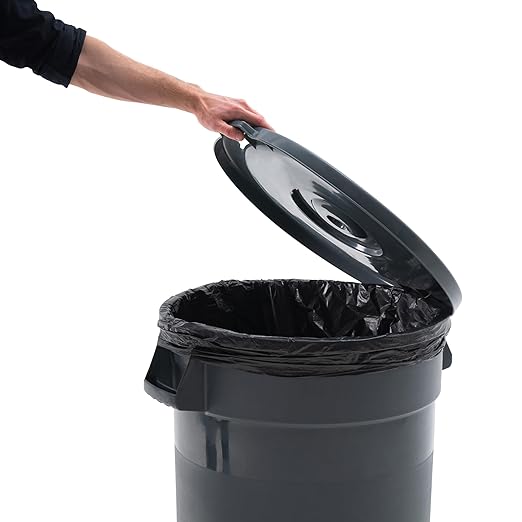 PRO&Family Commercial Round Trash Can with Lid and Dolly Rolling Waste Container, Ingredient Bin, Heavy-Duty Plastic, Anti-Static, Kitchen, Office, Outdoor Use (Gray, 32 Gallon)