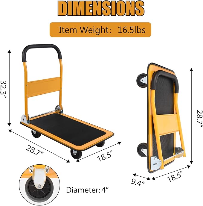 LEADALLWAY Foldable Push Cart Platform Cart 330lbs Capacity 4 Wheels 28.7x18.5x32.3inches Yellow Small Flatbed Cart