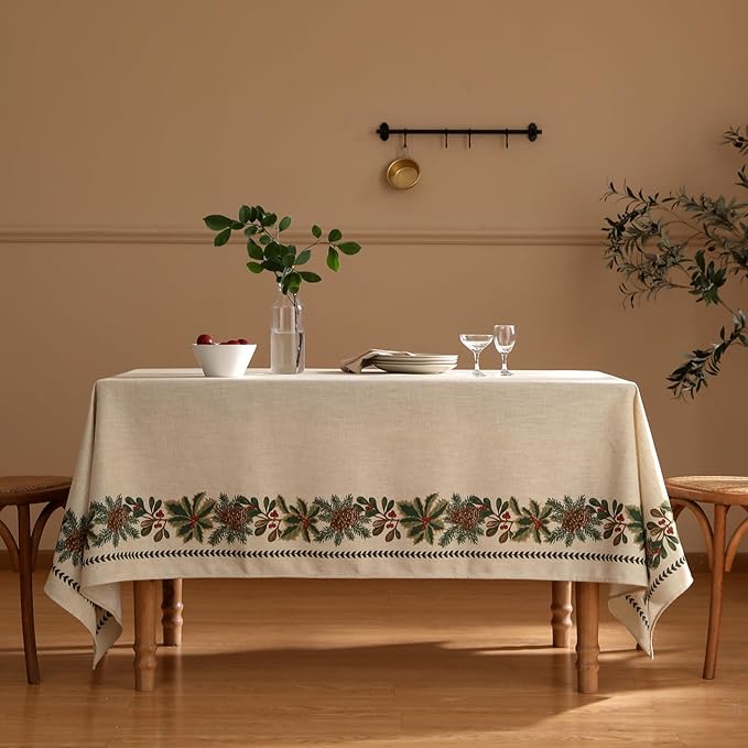 ISAENNE Designer Christmas Linen Extra Long Rectangle Tablecloth,Light Beige Western Table Cloth,Wrinkle Resistant Decor Tablecloths for Dining Thanksgiving Kitchen Christmas,67"*118"-Carol G