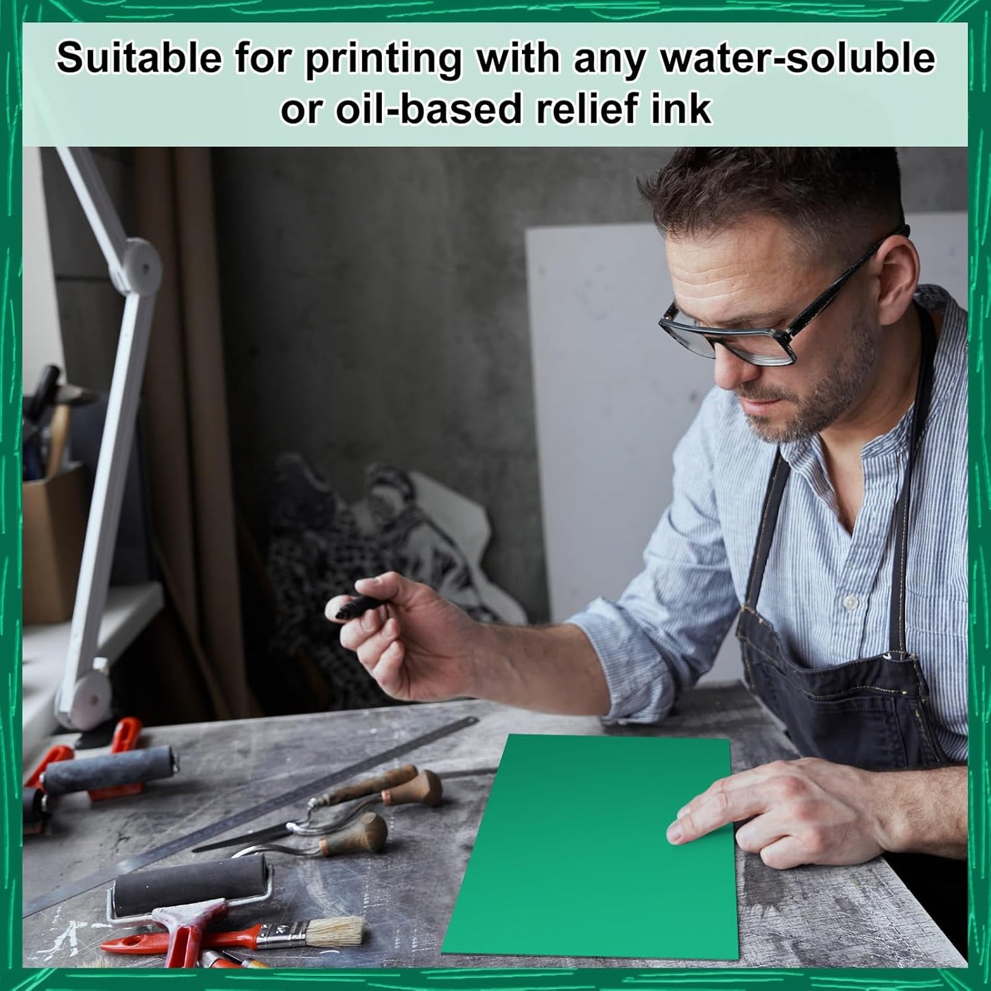 Yeaqee 8 Pcs Linoleum Block Rubber Carving Block Soft Linocut Blocks Large Linoleum Sheet Unmounted Lino Plates for Engraving Art Project Printmaking Artist Studio Supplies (9 x 12 Inch,Green)