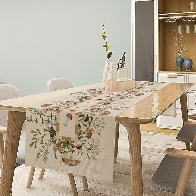 Wild Mushroom Table Runner, Retro Floral Plants Botanical Print Table Cover for Kitchen Dining Table Wedding Home Party Decor, 13x60inch