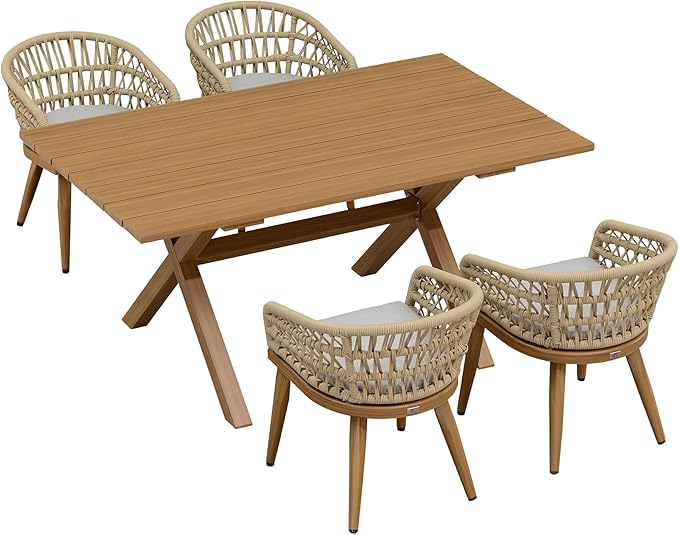 PURPLE LEAF 5 Pieces Outdoor Dining Set All-Weather PE Rattan Patio Furniture Set with All Aluminum Frame Rectangular Table and Chairs Set for Lawn Garden Backyard Deck, Teak
