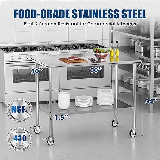 Stainless Steel Work Table with Wheels, 30x60 Inch NSF Food Prep Table with Backsplash & Adjustable Undershelf for Commercial Kitchen, Restaurant, Garage