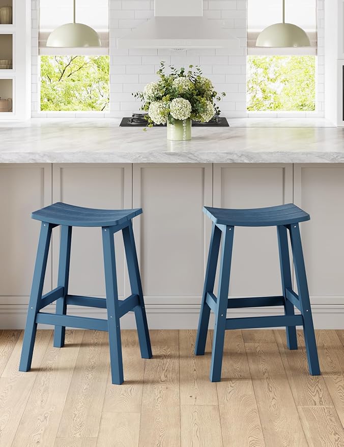 Weatherproof Bar Stools Set of 2, 28" Height Outdoor Bar Stools Holds up to 400 lbs, Saddle Seat, Bar Height Stools for Patio, Garden, and Kitchen Island, Blue
