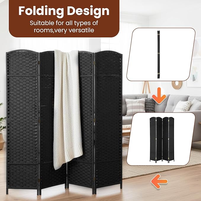 FDW Room Divider 4 Panel Screen 5.6 Ft Tall Partition Privacy Screens Folding Room Separation Free Standing Waterproof Wood Frame Wall Divider, Dark Black