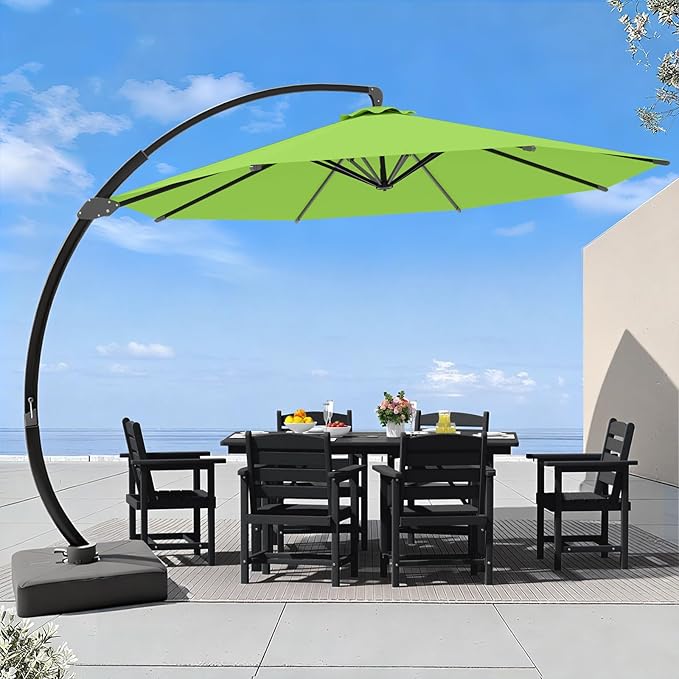 7 Piece Patio Dining Set with 11ft Patio Umbrella (Apple Green), 7 Black Outdoor HDPE Dining Set with 6 Chairs + 1 Large Table, for Market, Pool, Garden, Backyard, Deck
