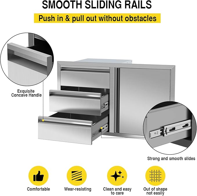 Outdoor Kitchen Drawer Combo, Stainless Steel Triple Drawers & 2 Trash Can Drawers, Enclosed Built-in Drawer Flush Mount For Outdoor Kitchens & BBQ Islands,G4