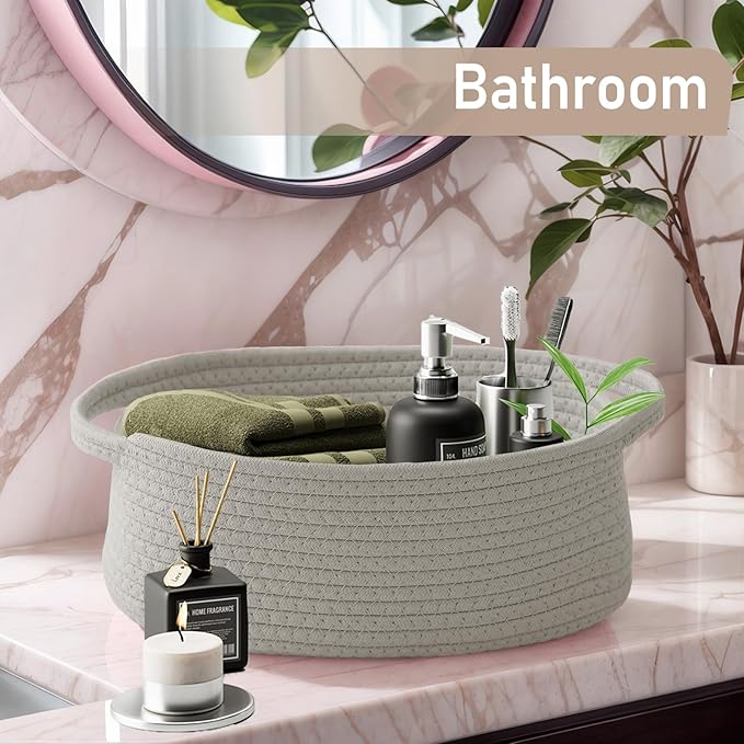 Woven Basket,Small Rope Storage Bin with Handles & Ribbon Bag, Organizer for Shelves Closets,Gift Basket Empty for Birthday,Books,Dog Toys, Grey/3 Pack