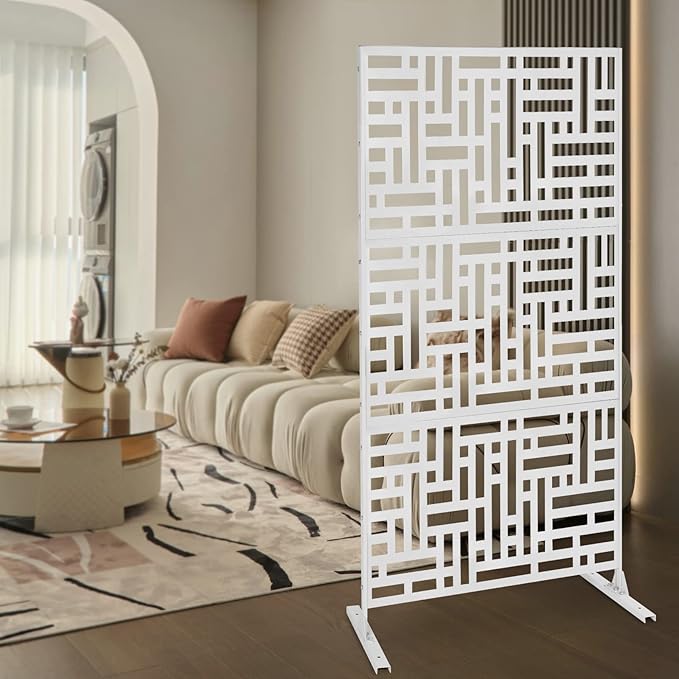 Privacy Screen, 35.4" W x 74.4" H Metal Outdoor Decorative Privacy Screen Outdoor Freestanding Divider with Stand Black for Patio Garden Balcony Backyard