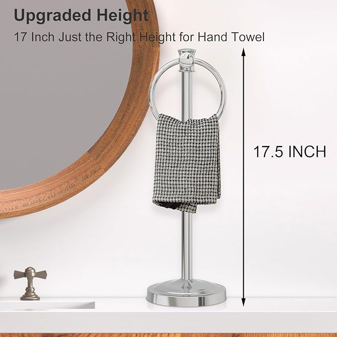 Hoimpro 17 Inch Stand Hand Towel Holder Towel Bar Towel Hanging Ring, Free Standing Floor Hand Towel Rack Storage for Bathroom Kitchen Vanity Countertops, Hardware Accessories(Polished Chrome)