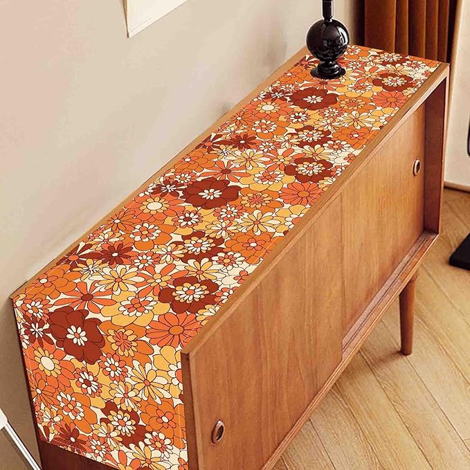 Orange Floral Table Runner, Retro Groovy 70s Hippie Floral Funky Cute Flower Trippy Coffee Table Center Decor For Home Kitchen Dining Patio Holiday Party Indoor Outdoor Table Decorations, 13"x72" Inch