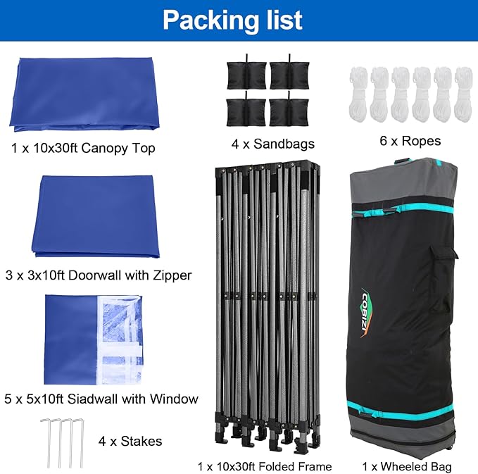 COBIZI 10x30 Pop up Canopy Tent 10x30 Canopy with Sidewall Waterproof Heavy Duty Commercial for Parties Outdoor Garden Gazebo Tent, Carry Bag with Wheel(10x30ft with Sidewalls,Dark Blue)