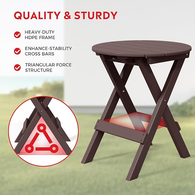 Costaelm Paradise HDPE Outdoor 24.5 Inch Round Portable Folding Patio Dining Table, Dark Brown
