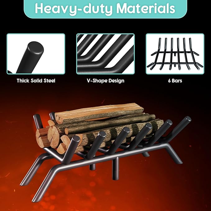 17-Inch Fireplace Grate, Heavy Duty 6-Bar Log Rack Holder Made of Solid Round Steel for Indoor/Outdoor Fire Pits, Wood Stoves & Kindling Tools