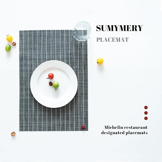 Placemats Set of 12 Vinyl/Plastic Woven Place Mats for Kitchen Table Indoor/Outdoor Washable Placemat Wipeable Dining Table Mats (Black Stripes,12)